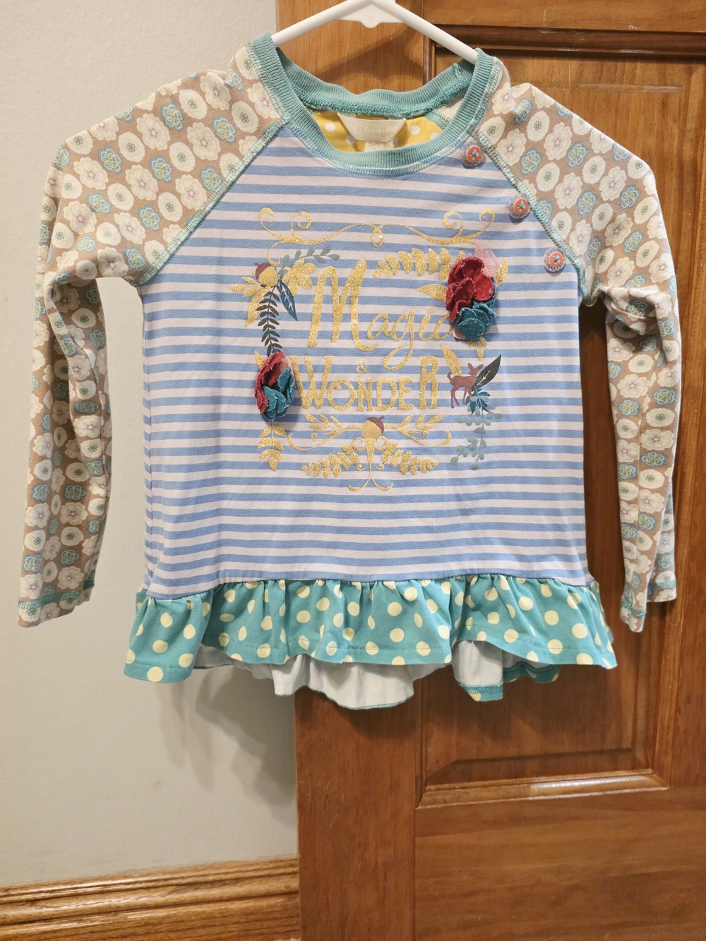 Matilda Jane Blue & Mint Striped Floral Ruffle Merry Christmas Long-Sleeve Top